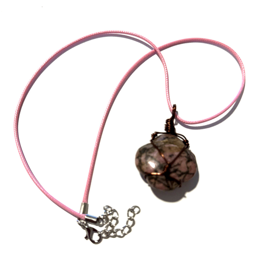 Pink Rhodonite Clover Pendant Necklace Jewelry Pink Cord Genuine Stone Handmade